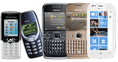 Sony Ericsson T610, Nokia 3310, Nokia E72 (x2), Nokia Lumia 710