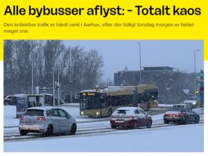Alle bybusser aflyst: - Totalt kaos
Den kollektive trafik er hårdt ramt i Aarhus, efter der tidligt torsdag morgen er faldet meget sne.