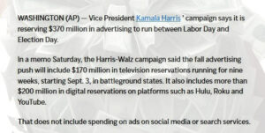 Harris campaign reserves $370M in ads after Labor Day, including battleground state push