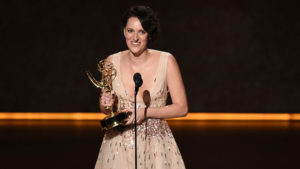 Phoebe Waller-Bridge Wins Lead Actress in a Comedy - Mandatory Credit: Photo by Chris Pizzello/Invision/AP/Shutterstock (10421186f) Phoebe Waller-Bridge accepts the award for outstanding writing for a comedy series for "Fleabag" at the 71st Primetime Emmy Awards, at the Microsoft Theater in Los Angeles 2019 Primetime Emmy Awards - Show, Los Angeles, USA - 22 Sep 2019 - It’s just really wonderful to know, and reassuring, that a dirty, pervy, angry, messed up woman can make it to the Emmys