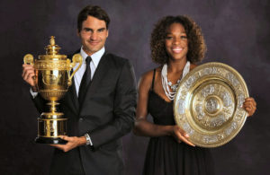 Federer and Williams have won Grand Slam titles on the same court on the same weekend eight times, including Wimbledon in 2009, as shown here. Williams has the edge in overall singles Grand Slams with 23 to Federer’s 20.CreditAeltc Pool Picture/BOB MARTIN, via European Pressphoto Agency