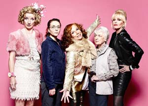 Absolutely Fabulous. Image shows from L to R: Bubble (Jane Horrocks), Saffron (Julia Sawalha), Edina (Jennifer Saunders), Mother (June Whitfield), Patsy (Joanna Lumley). Image credit: Saunders And French Productions.