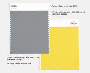 17-5104 Ultimate Gray + 13-0647 Illuminating, Pantone Color of the Year 2021