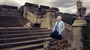 Annie Leibovitz: Dronning Elizabeth udenfor slottet Windsor Castle med sine fire corgis: Willow, Holly, Vulcan og Candy. 