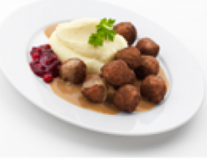 Ikea Kødboller - 12 stk. serveret med kartoffelmos, flødesauce og tyttebærsyltetøj – en svensk klassiker!