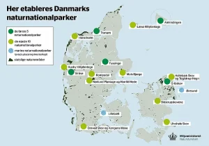 Nye naturnationalparker kan ses på kortet her. Foto: Miljøministeriet