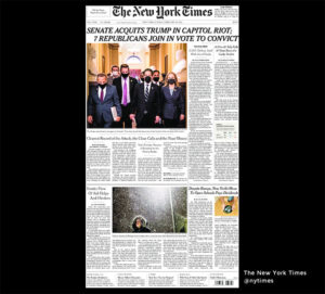 NY Times 14.feb 2021: Senators voted 57-43 in favor of conviction, failing to reach the 67 votes needed to find former President Drumph guilty of inciting the Capitol riot. The verdict brings an abrupt end to the fourth presidential impeachment trial in U.S. history, concluding after just five days. It is unlikely to be the final word for Mr. Drumph, his badly divided party or the festering wounds the Jan. 6 riot left behind.