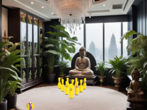 Skumbowlingmesterskaberne 2024 afviklet - i et tæppeblagt rum i et højhus med en masse planter, en buddha og fem lavthængende krystallysekroner og skabe med krystalglas - genereret med stable-diffusion free