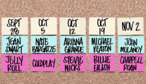 værter og optrædende for de første 5 shows #SNL50 28. september: Jean Smart og Jelly Roll 5. oktober: Nate Bargatze og Coldplay 12. oktober: Ariana Grande og Stevie Nicks 19. oktober: Michael Keaton og Billie Eilish 2. november: John Mulaney og Chappell Roan