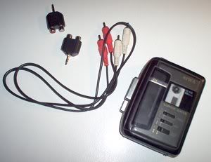 Phonokabel, 2 phono til jack adapters, en ældre walkman (med friske batterier) samt et lydprogram som kan indspille fra lydkortet.