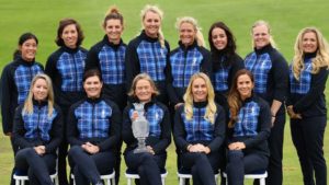 (Standing L-R) Celine Boutier, Carlota Ciganda, Anne Van Dam, Anna Nordqvist, Suzann Pettersen, Georgia Hall, Caroline Hedwall, Bronte Law (Sitting Down L-R) Jodi Ewart Shadoff, Caroline Masson, Catriona Matthew, Charley Hull and Azahara Munoz of Team Europe pose for the official photo during a practice round prior to the start of The Solheim Cup at Gleneagles on September 10, 2019 in Auchterarder, Scotland. (Photo by Stuart Franklin/Getty Images)