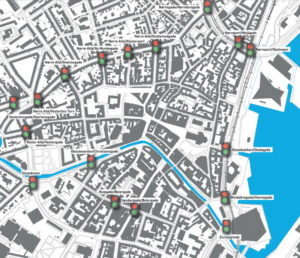 Her er de 17 fodgængerfelter - Kort: Aarhus Kommune 